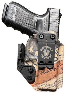 Frontside of Inside The Waistband Graphical Kydex Holster with Laser Engraved Monoblock clip and mod wing concealment claw